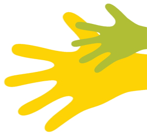 One large yellow hand and one small green hand. Decorative. 