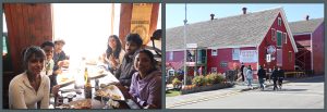 Two photos side by side. The first one is 6 students sitting at a table eating lunch at the Old Fish Factory restaurant. The second one is students walking toward the Fisheries Museum of the Atlantic. The building is a real red. It is a beautiful sunny day.