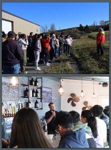 Two photos stacked on top of each other. The topmost is Students standing outside on a beautiful sunny day listening to the speaker at Terra Beata farm. The bottom one is Students sitting at the bar in the Shipwright Brewing Company listening to the speaker who is holding a microphone.