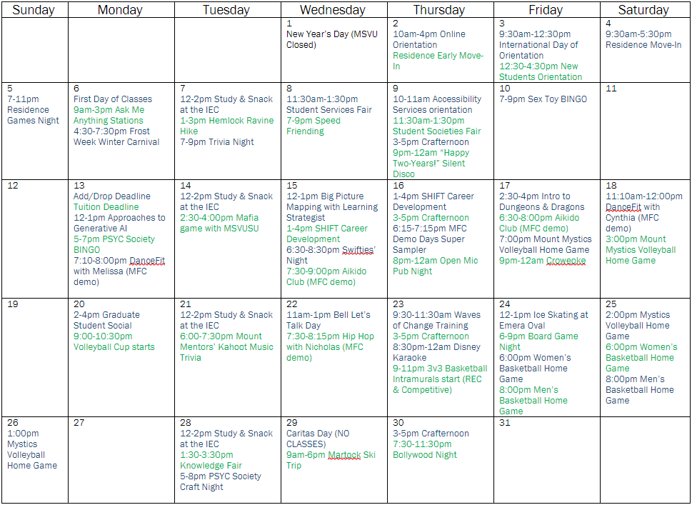 Calendar view of schedule. Full details below.