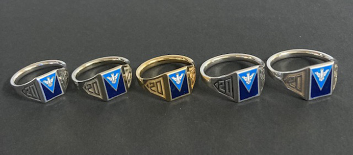 Five MSVU Graduation rings lined up in a row