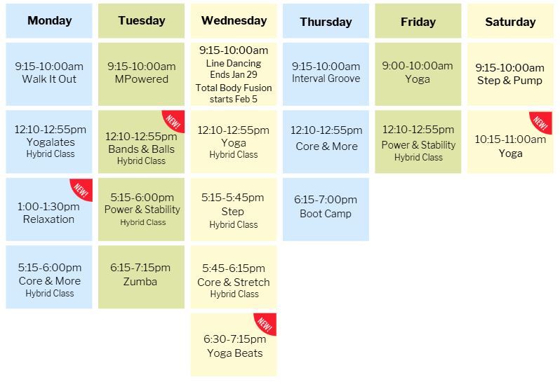 Fitness class schedule in table format.