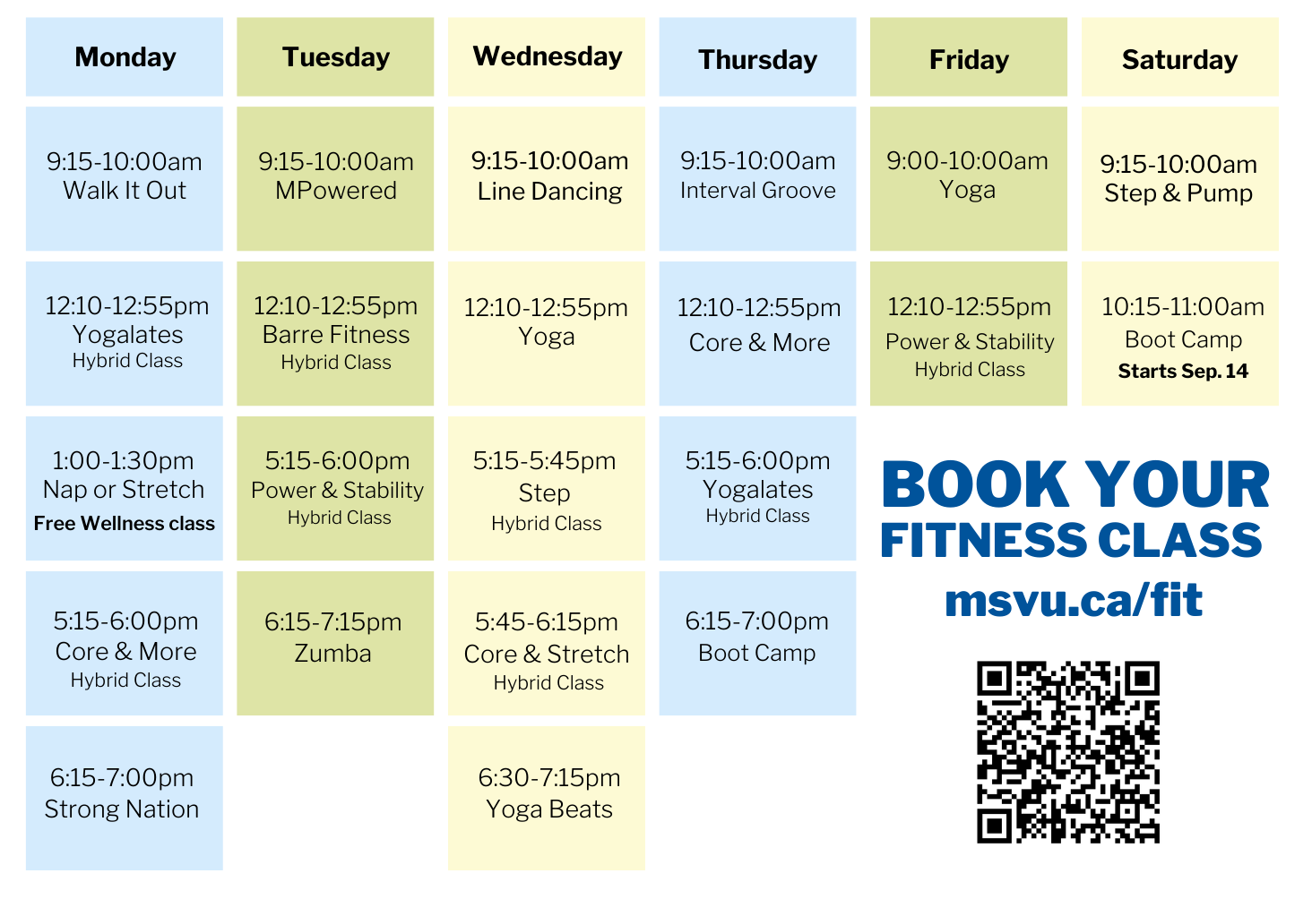 Fitness class schedule in table format.