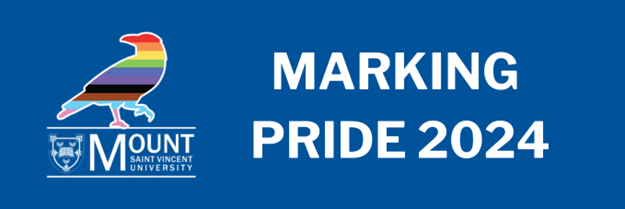 The text "Marking Pride 2024" beside the MSVU logo. A crow shaded with Pride Progress colors is above the logo.