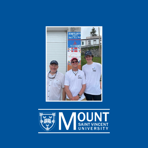 Dr. Theunissen, alongside Todd Ellis and Shane's son, Jack, posing for a photo. Below the photo is the MSVU logo