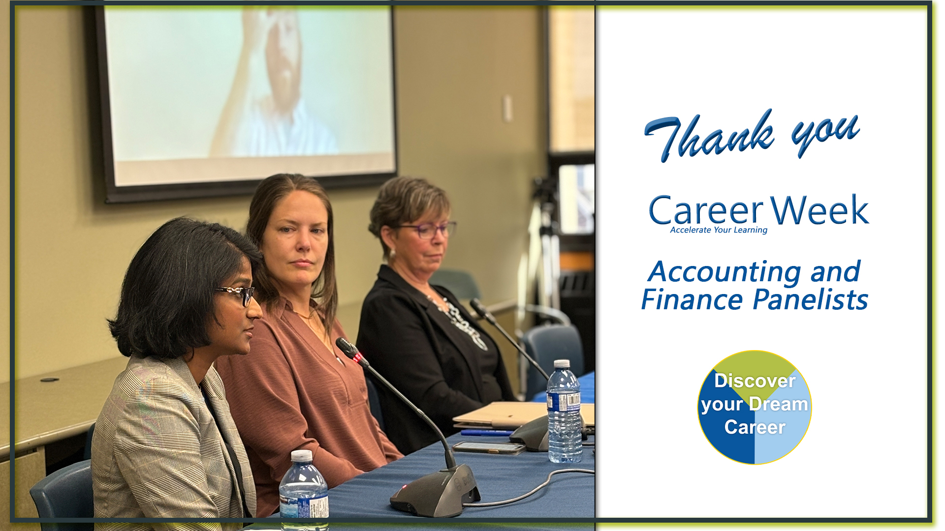 Business and Tourism Accounting and Finance panelists, three sitting and one on the video screen at the career week panel session.