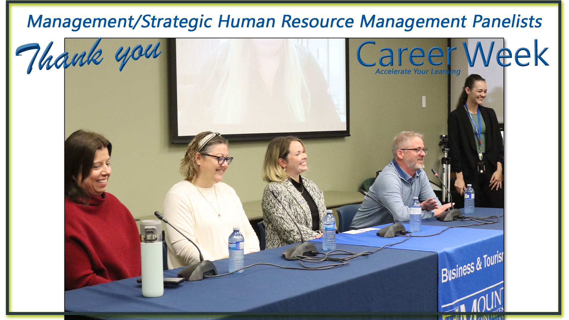 Business and Tourism management and strategic human resource management panelists, 4 sitting at the table, one on the video screen at the career week panel session.