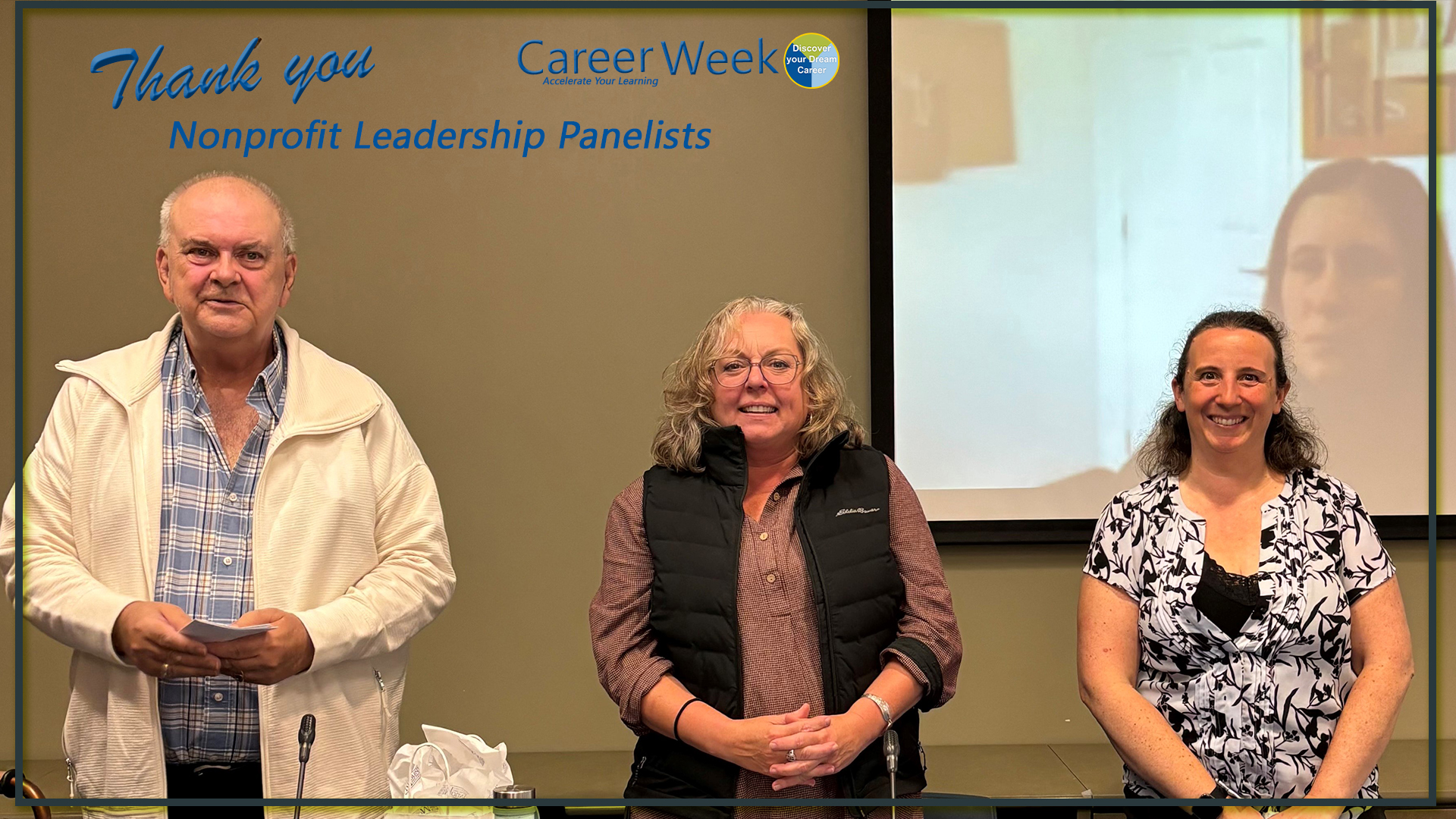 Business and Tourism Nonprofit leadership panelists, three standing, one on the video screen at the career week panel session. 