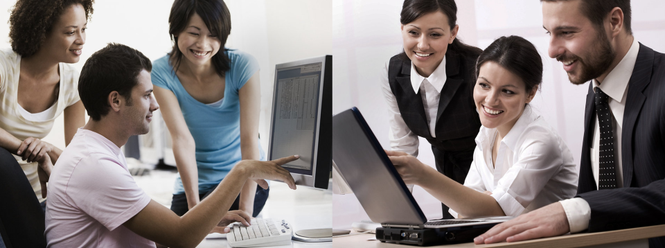 Two groups of smiling people gathering around computers.