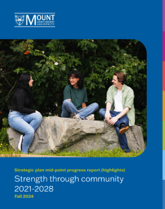 The strategic plan mid-point progress report cover. With the MSVU logo and three students sitting on a rock