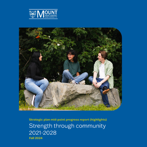 The strategic plan mid-point progress report cover. With the MSVU logo and three students sitting on a rock. Below is the text 