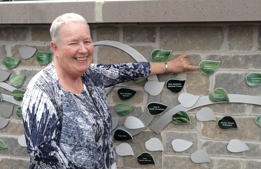 Susan McIsaac with her leaf on the MSVU Women’s Wall of Honour